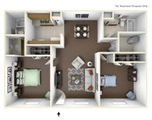 2 Bedroom 2 Bath With Dining. 925 sq.ft.